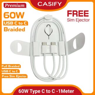 CASIFY CC02 60W 5A Type C To Type C Cable 60W Type C To Type C Braided Fast Charging Data Cable 60W Braided USB C To USB C Data Cable Support 5A White 1M