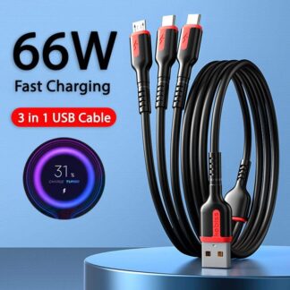 CASIFY CU04 6A 66W 3 in 1 Fast Charging Cable Micro USB Cable Type C Cable Lightning Cable Fast Charging Silicone Soft Data Cable