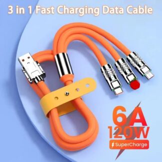 Shapla Original Zinc Alloy 3 In 1 120W 6A Super Fast Charging Cable | Liquid Silicone Fast Charging Data Cable For Micro USB Type-C Iphone With Indication Light